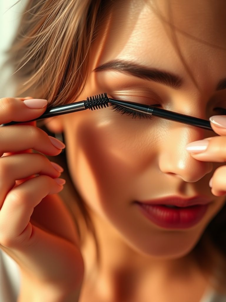Close-up of woman filling in eyebrows with spoolie brush and mascara wand