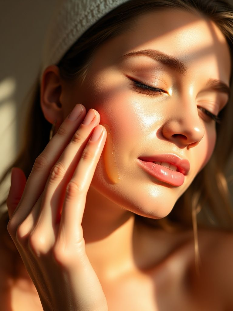 Woman patting luminous face oil into glowing skin with fingertips