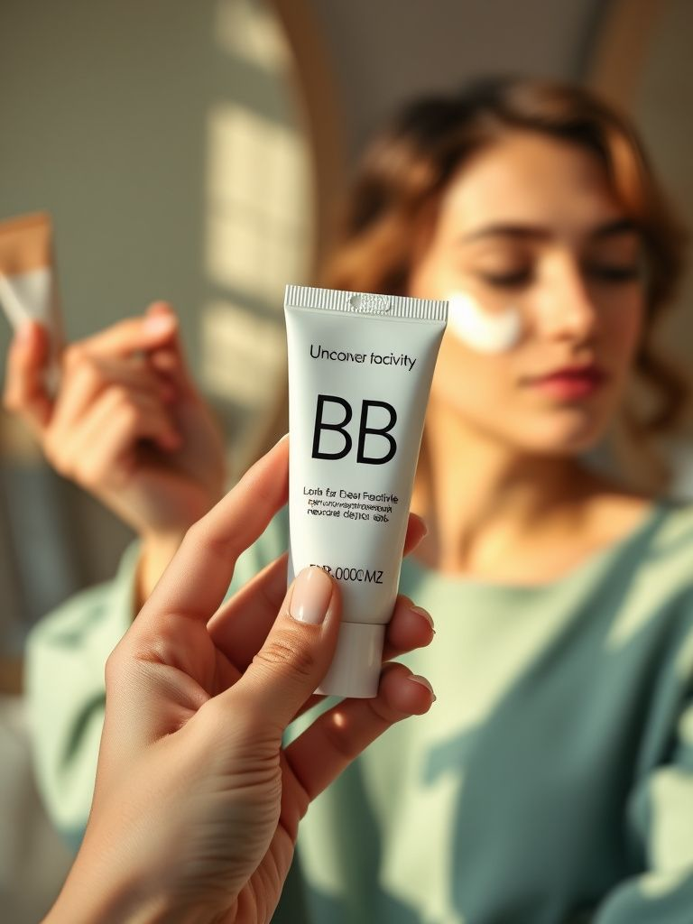 Hand holding BB cream tube with woman applying cream to face in background