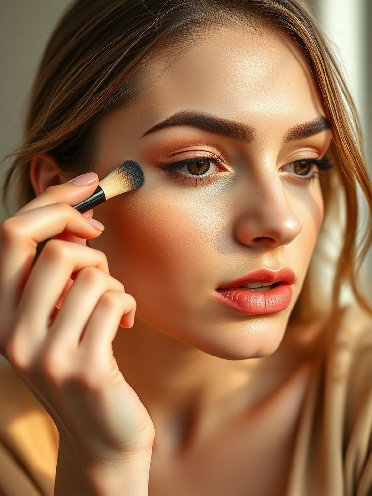 Woman dabbing concealer under eyes and on blemishes with small brush