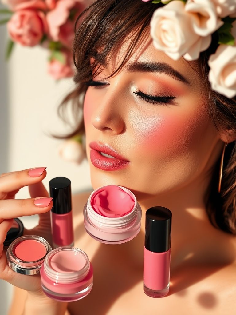 Pink cream makeup products arranged with woman applying pink blush to cheeks