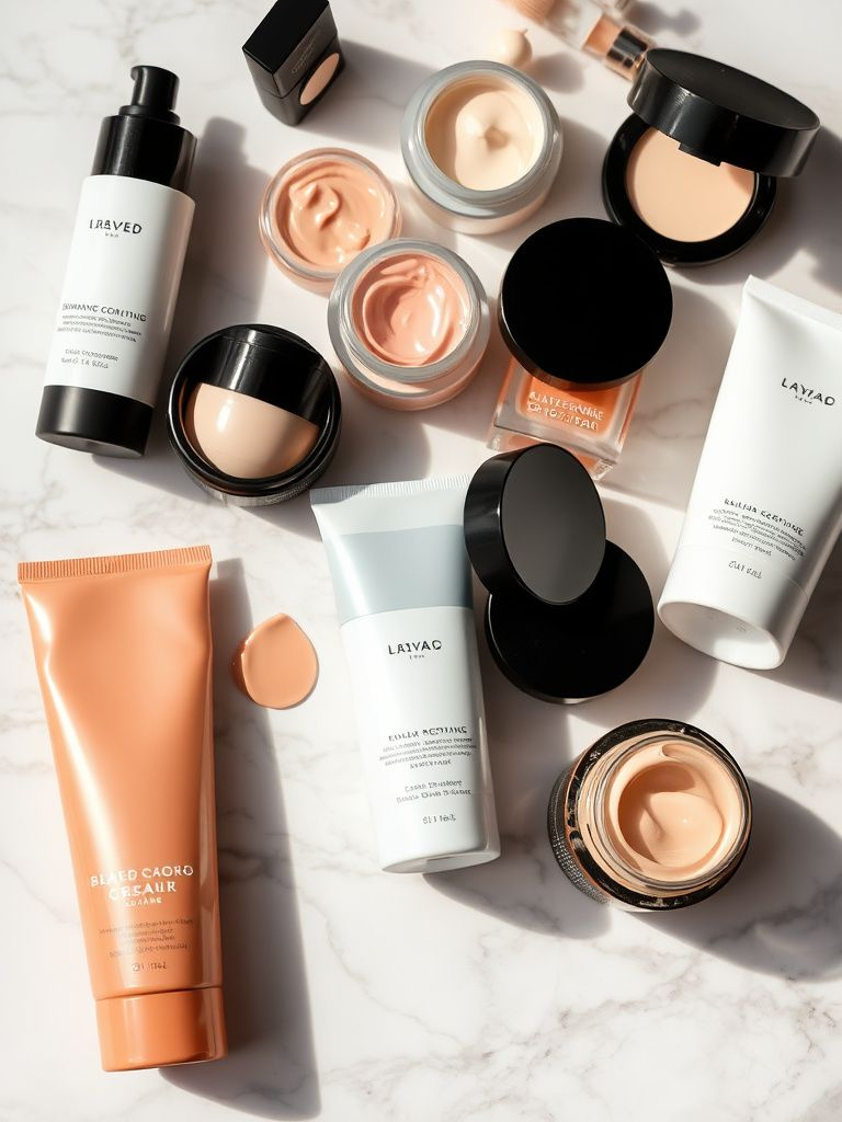 Various cream makeup products in tubes and pots arranged on marble surface