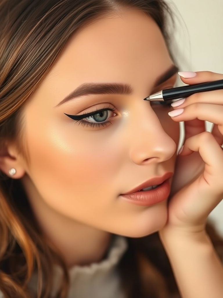 Woman applying quick winged eyeliner with felt-tip pen liner