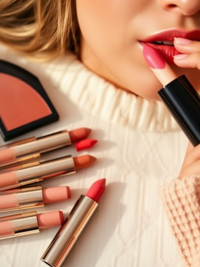 Collection of makeup sticks in various shades laid out with woman applying stick product to cheek