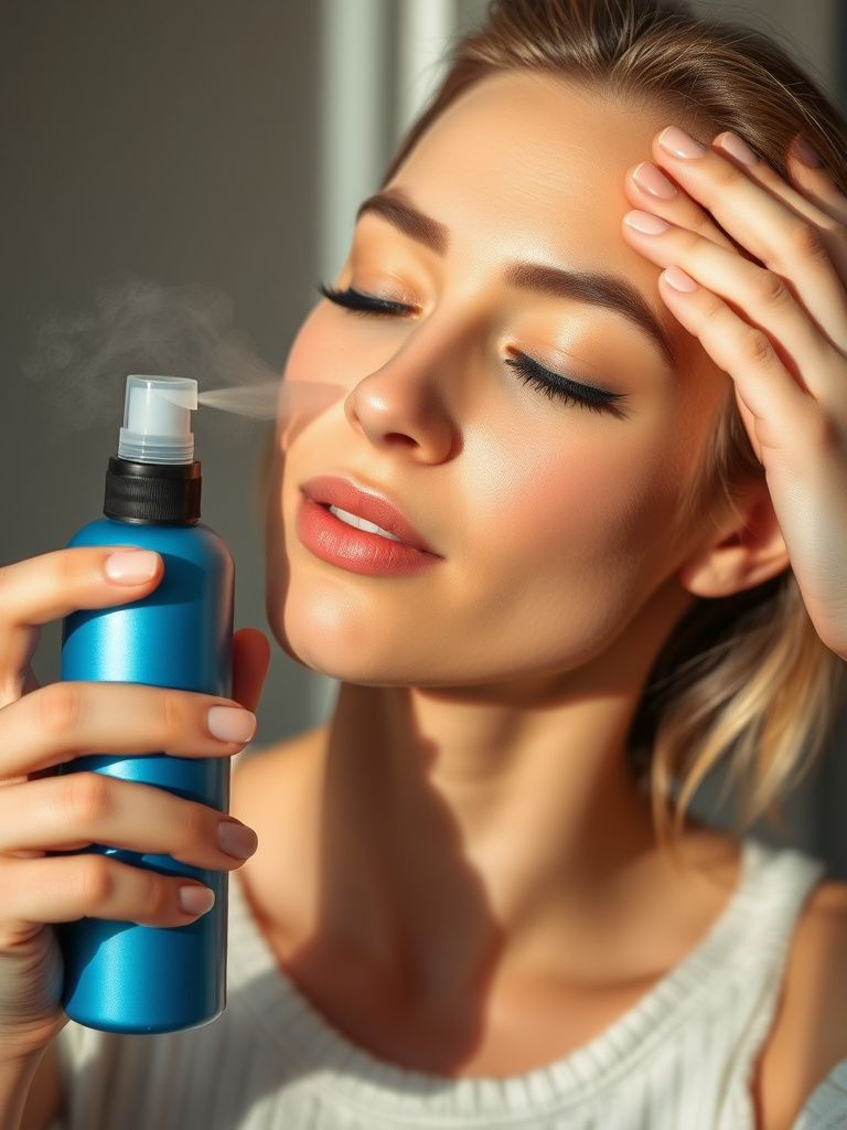 Woman applying setting spray mist to face with eyes closed looking refreshed