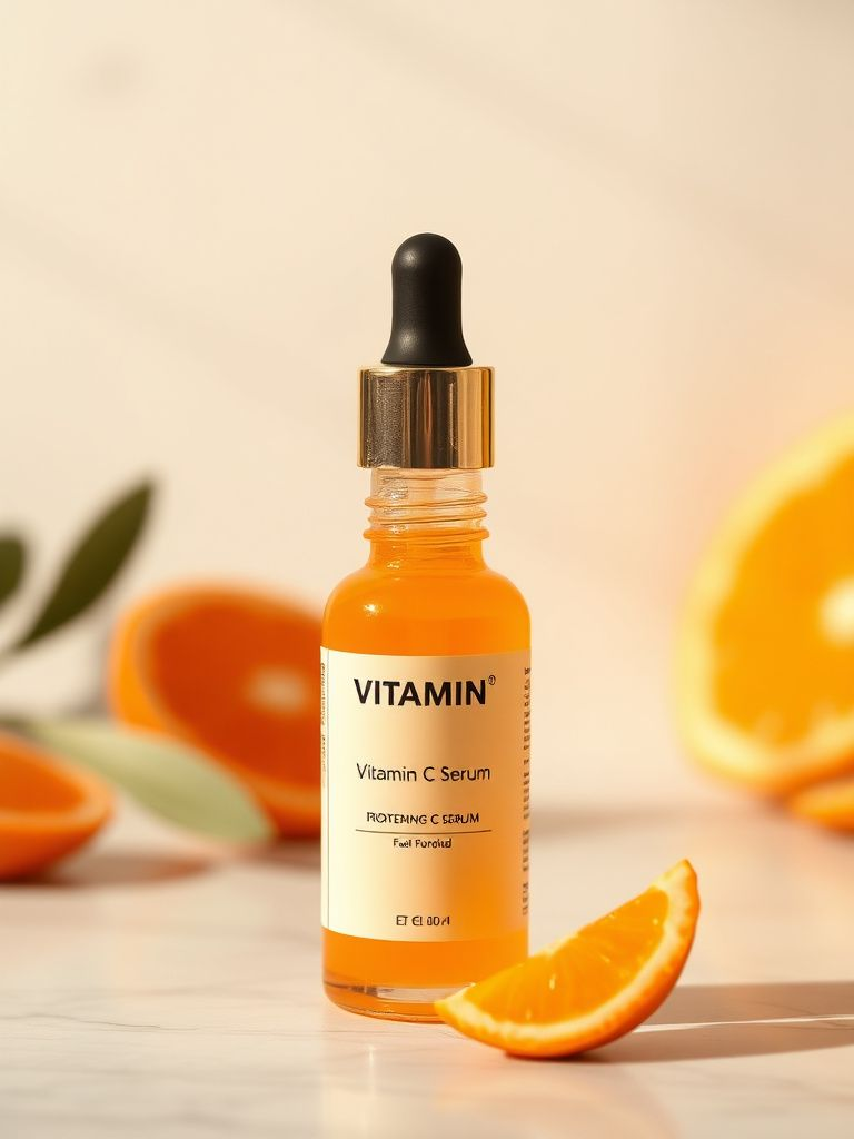 Dropper bottle of vitamin C serum with orange-tinted formula