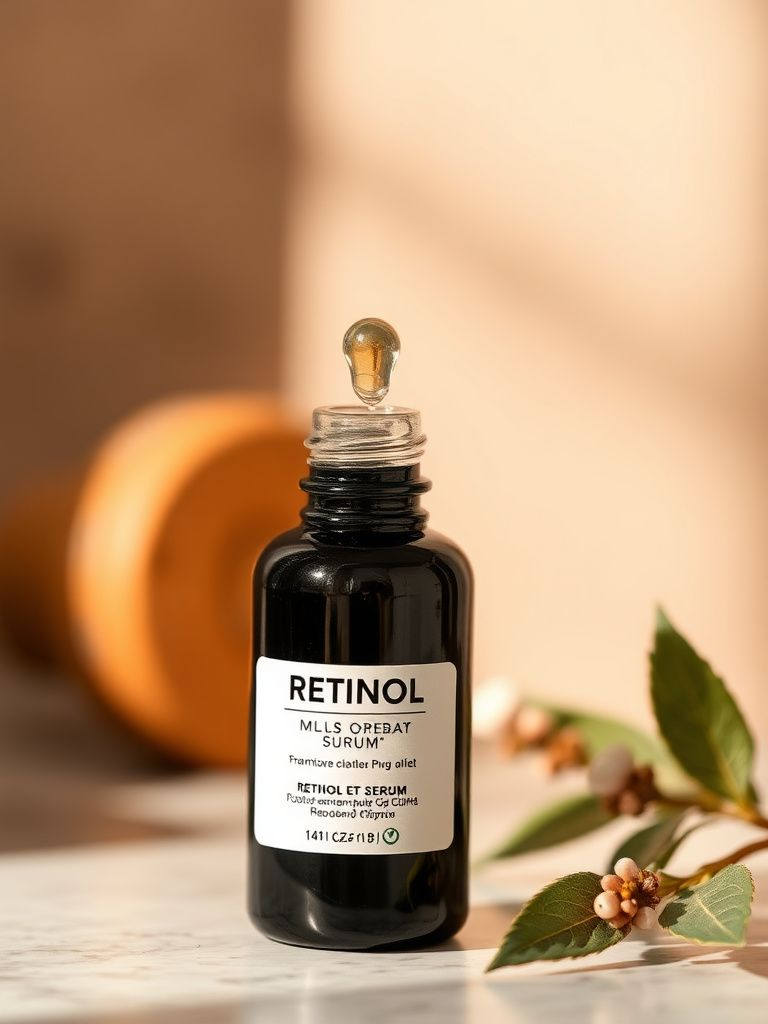 Dark glass bottle of retinol serum with dropper