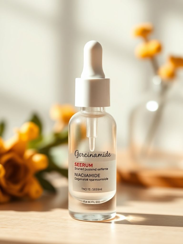 Clear serum bottle with white dropper cap containing niacinamide