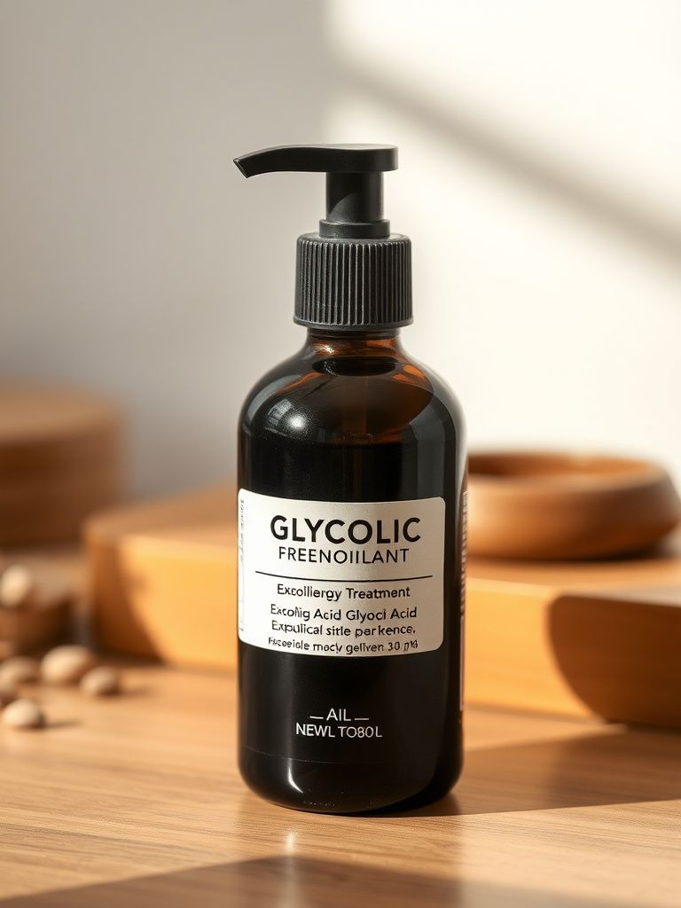 Dark bottle containing glycolic acid exfoliating treatment