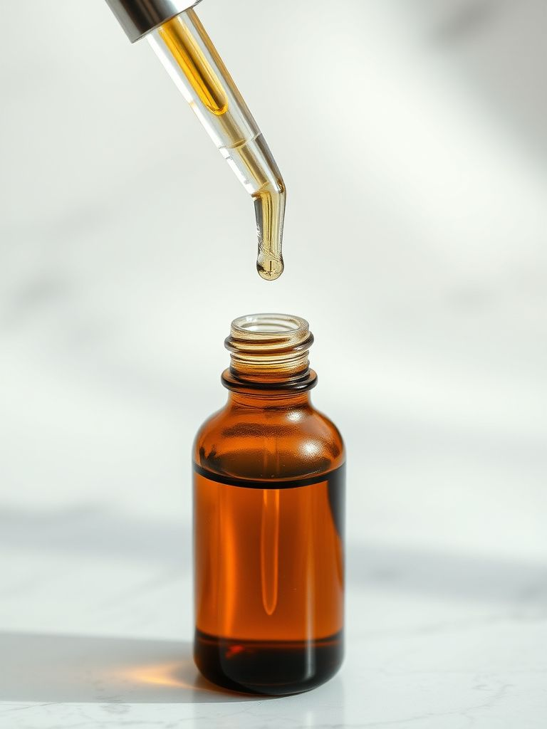 Amber glass bottle of luxurious facial oil with dropper