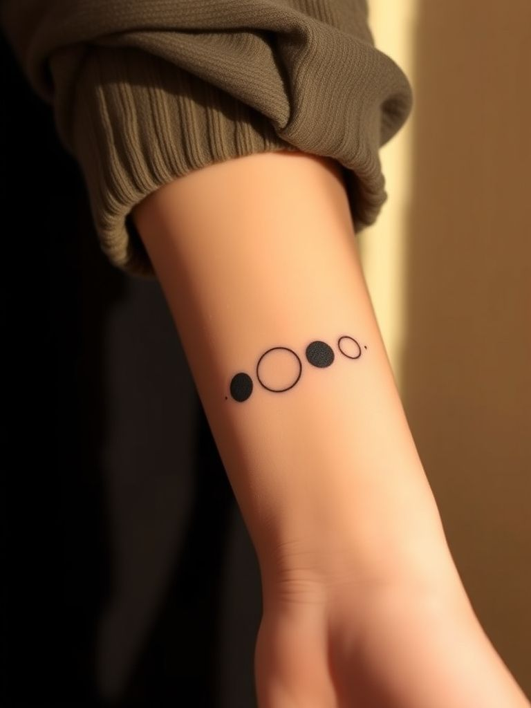Minimalist moon phases tattoo on inner wrist in black line work