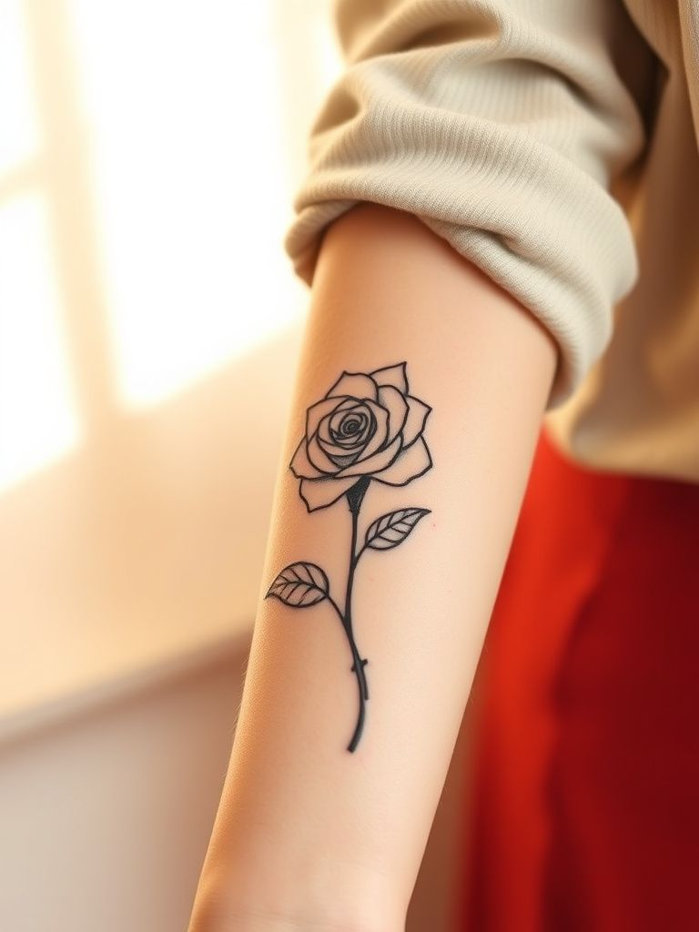 Continuous line drawing rose tattoo on forearm in black ink