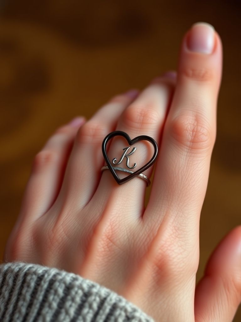 Small heart outline with cursive initial inside on ring finger