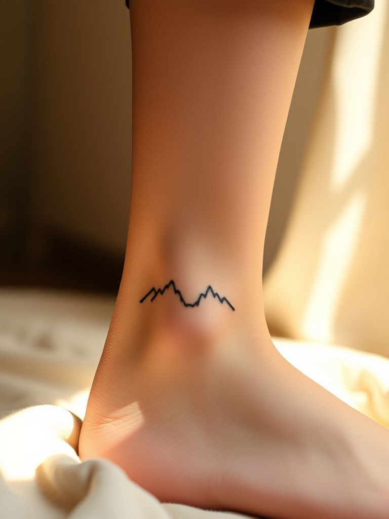 Simple mountain silhouette tattoo on ankle in black line work