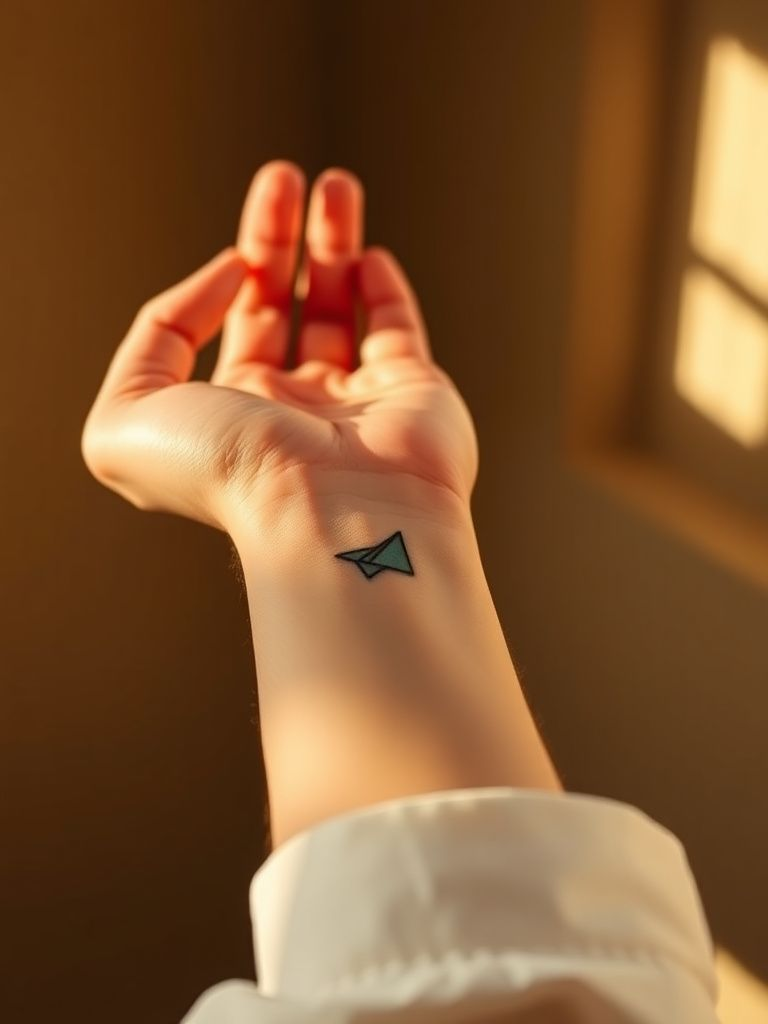 Small paper airplane tattoo on inner wrist pointing upward