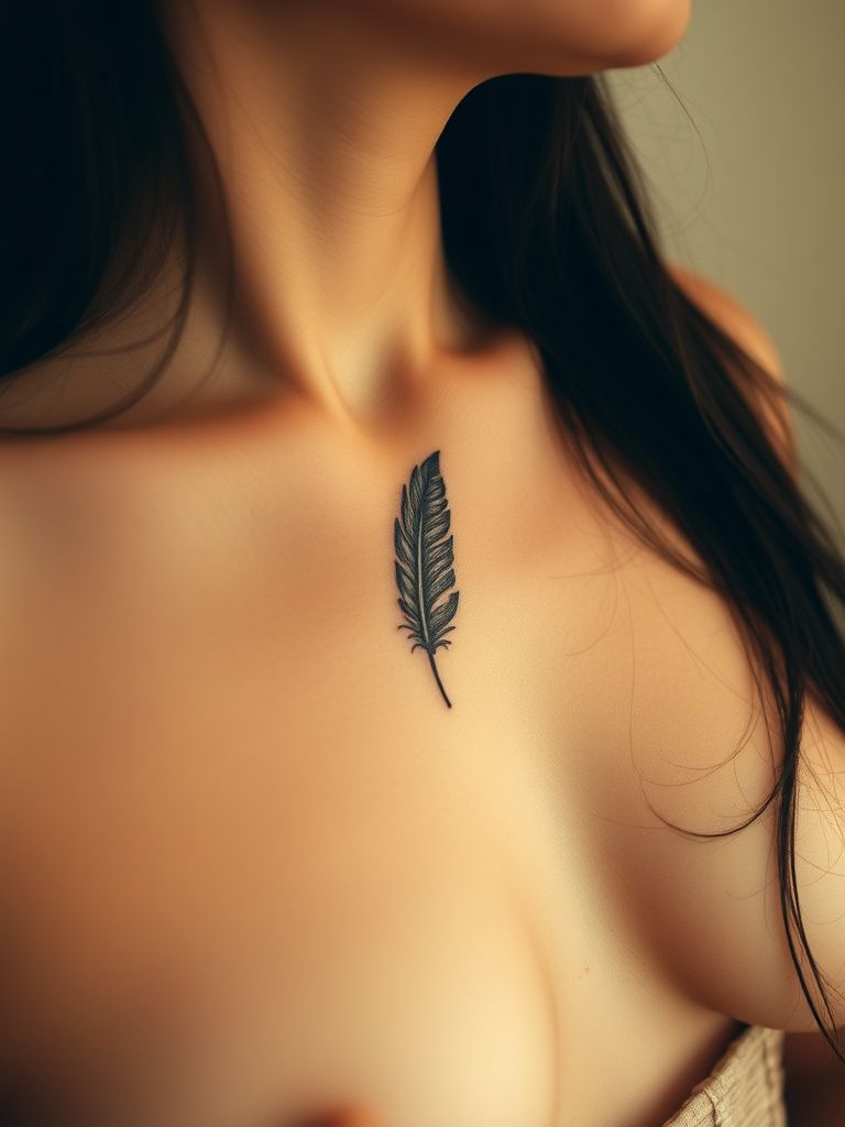 Wispy feather tattoo with fine details on rib cage in black ink