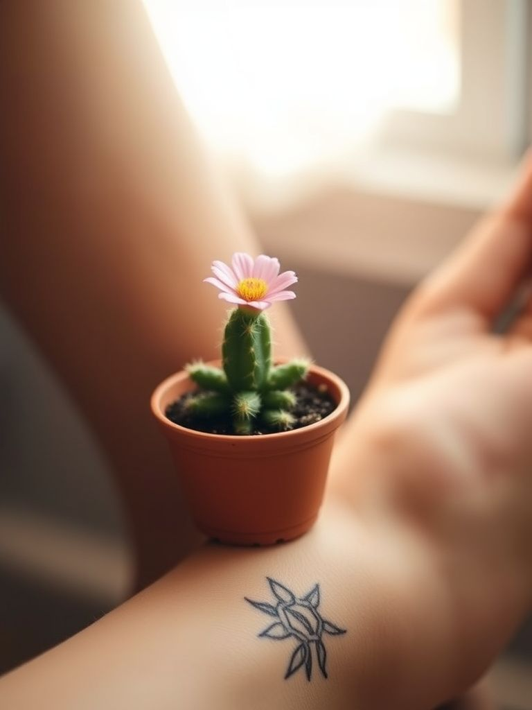 Cute small cactus with flower in terra cotta pot tattoo on ankle