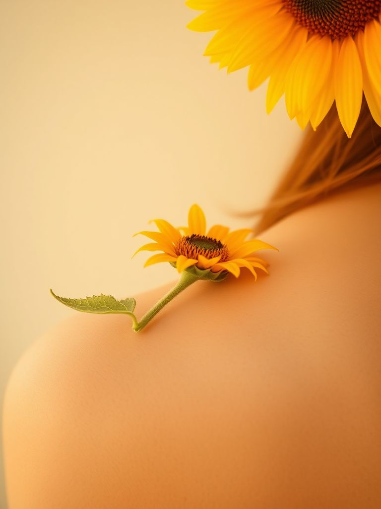 Small sunflower head with minimal stem on shoulder blade