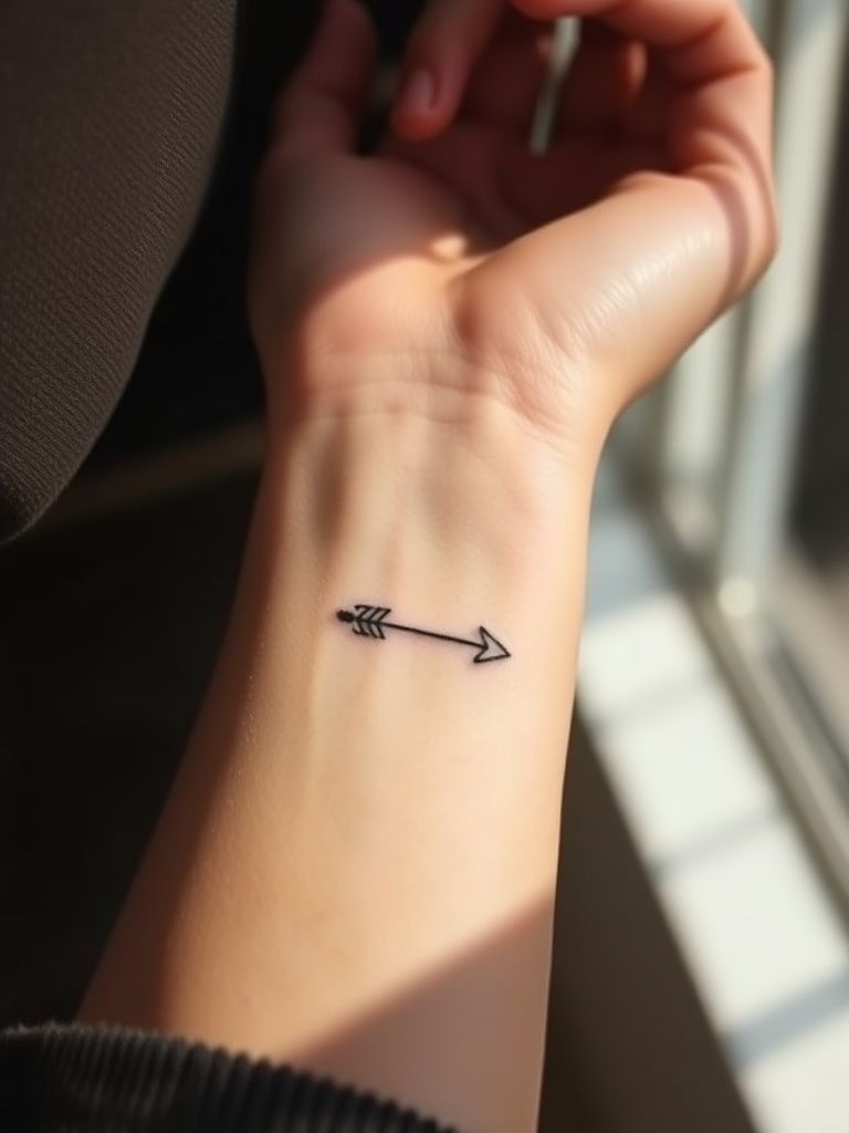Minimalist arrow tattoo pointing right on inner wrist