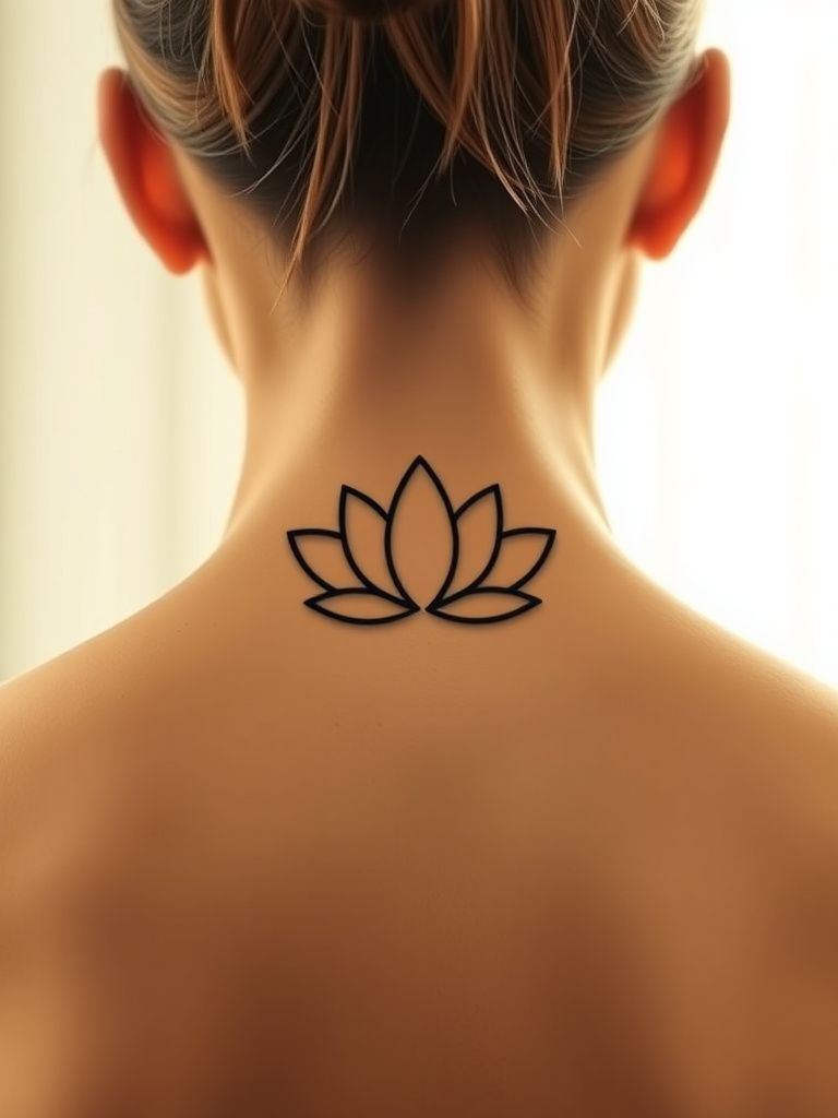 Simple lotus flower outline in fine line work on back of neck