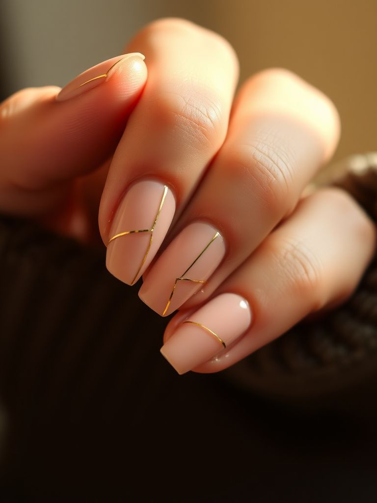 Simple geometric line nail art with thin gold lines on nude gel base