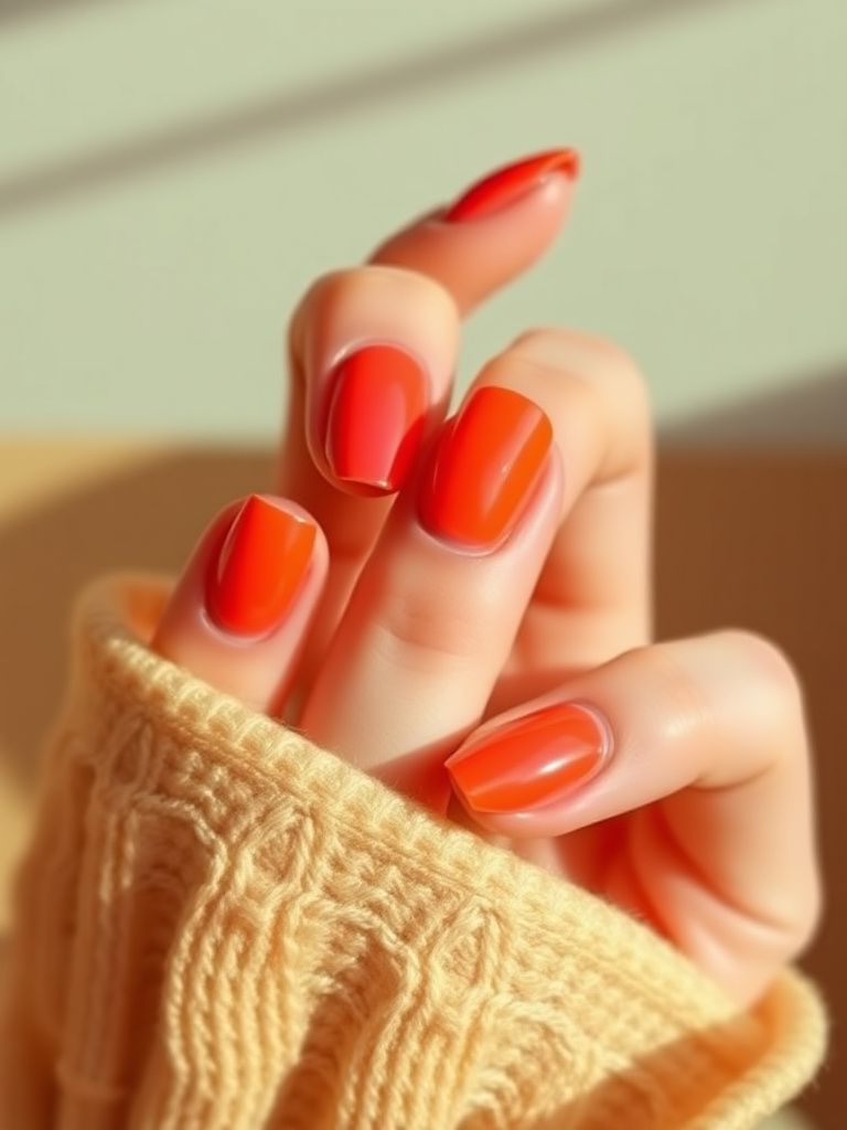 Gradient sunset ombré nails blending orange, pink, and gold gel polish