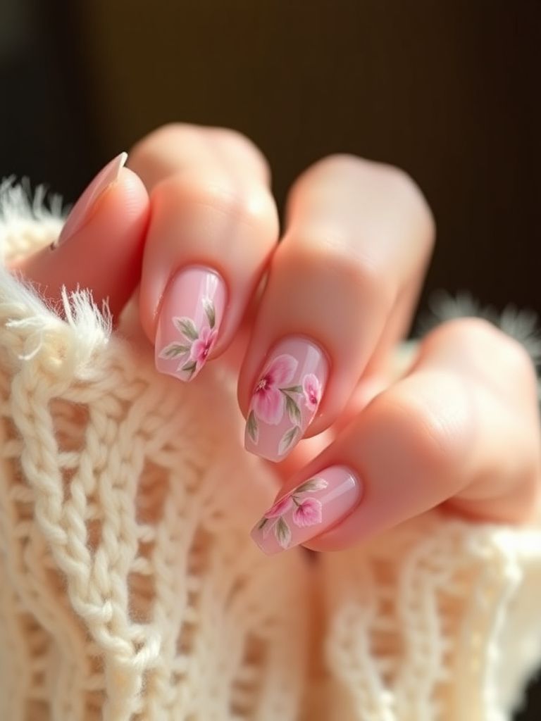Delicate floral nail art using negative space technique with clear gel base