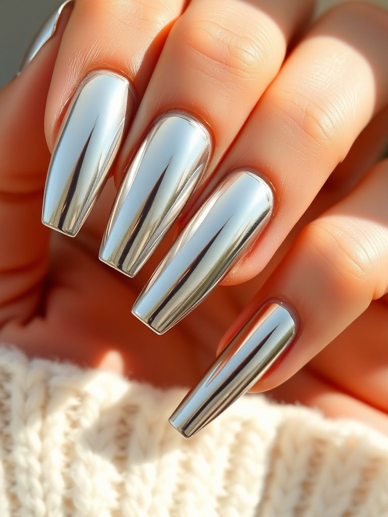High-shine chrome mirror nails in silver with gel top coat