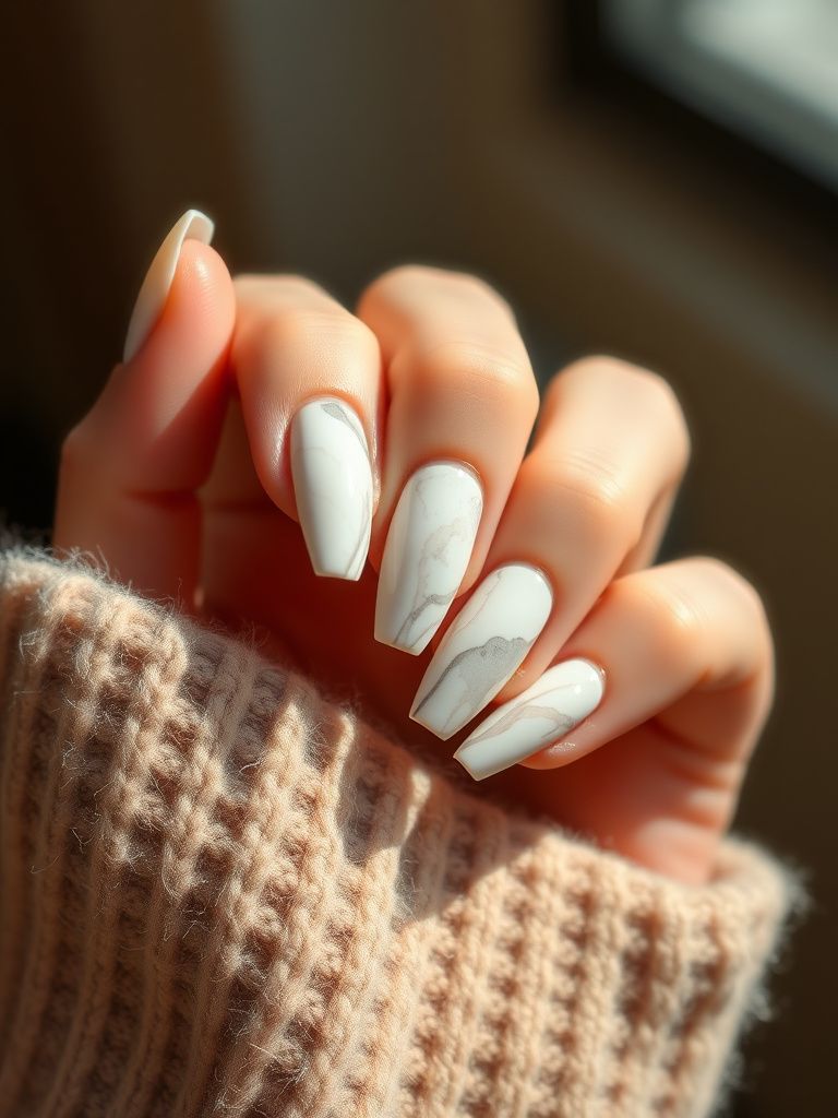Elegant marble nail art with white and gray veining on nude gel base