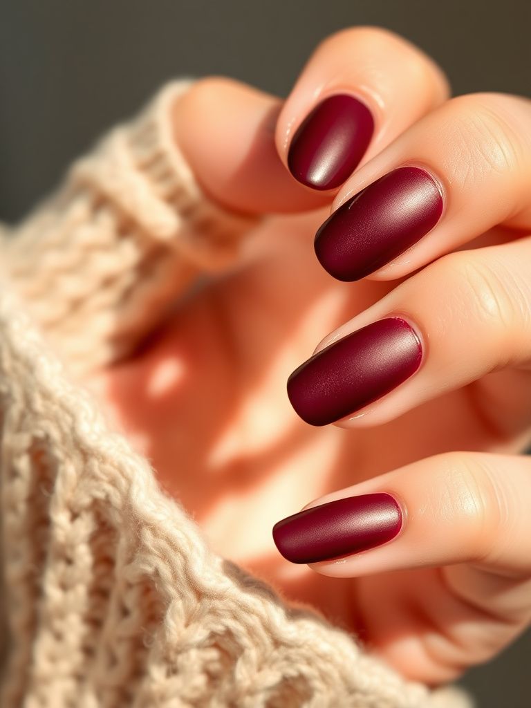 Matte finish gel nails in deep burgundy with subtle texture