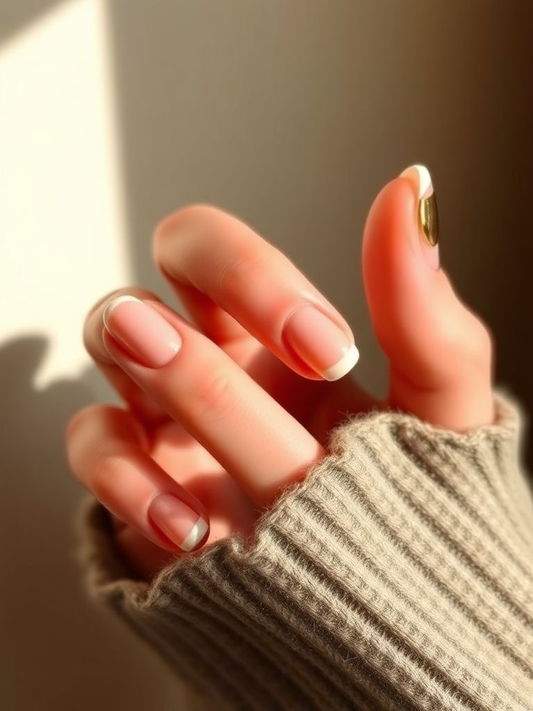 Reverse French manicure with nude tips and metallic gold half-moon at cuticles