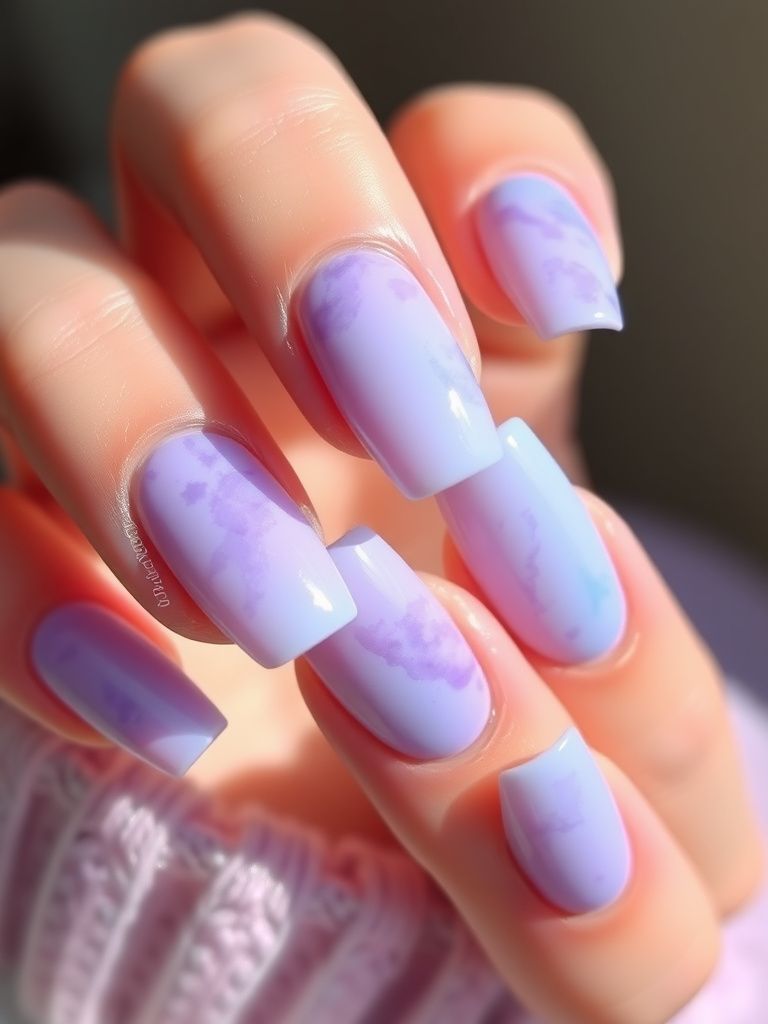 Soft watercolor effect nails in pastel blues and purples with gel finish