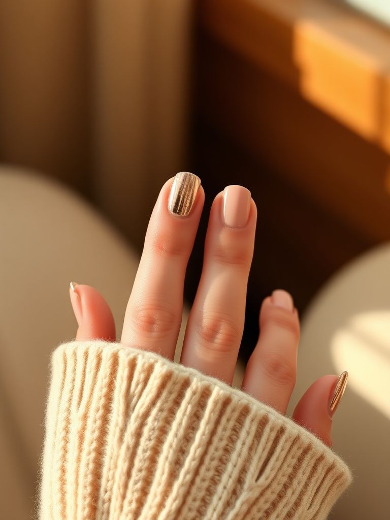 Ring finger accent nail in rose gold with remaining nails in nude gel polish