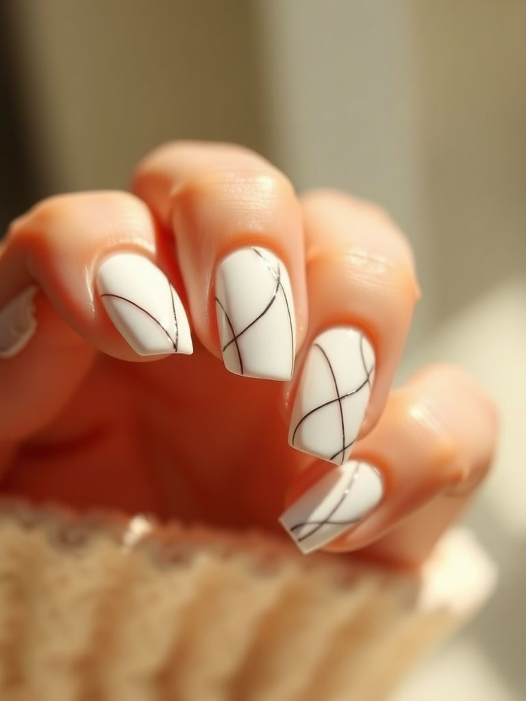 Delicate line art nails with thin black lines creating abstract patterns on white gel base
