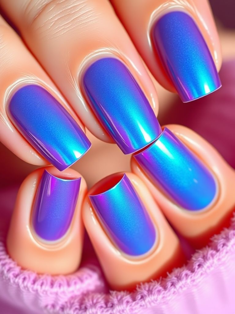 Color-shifting gradient nails transitioning from purple to blue with iridescent gel polish