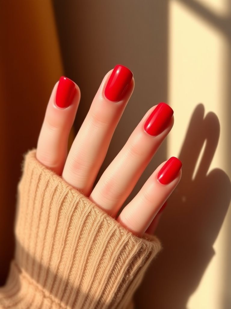 Timeless red gel manicure with high-gloss finish in classic nail shape