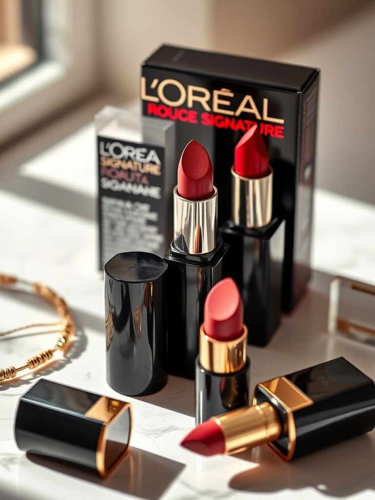 L'Oreal Rouge Signature with sleek black packaging and metallic accents