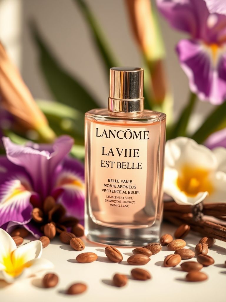 Lancôme La Vie Est Belle bottle surrounded by iris flowers and vanilla beans
