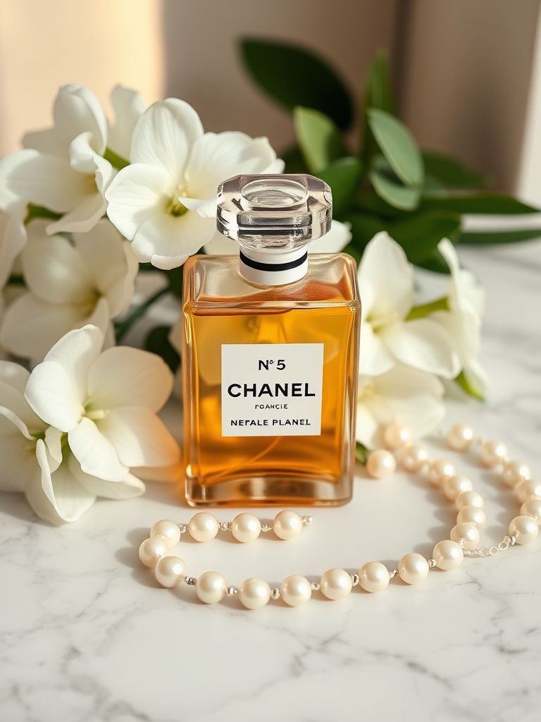 Classic Chanel No. 5 bottle with white flowers and pearl necklace on marble surface