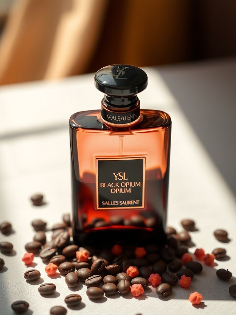 YSL Black Opium bottle with coffee beans and pink peppercorns scattered around