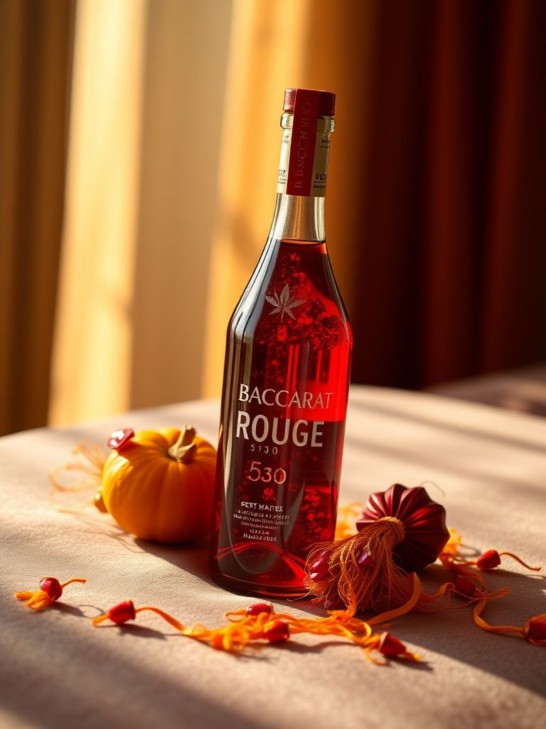 Baccarat Rouge 540 bottle with red crystals and saffron threads on velvet