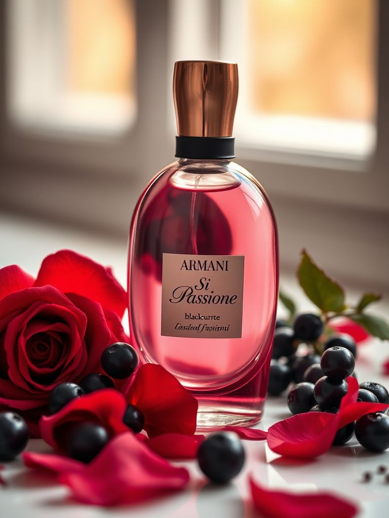 Armani Si Passione bottle with red rose petals and blackcurrant berries