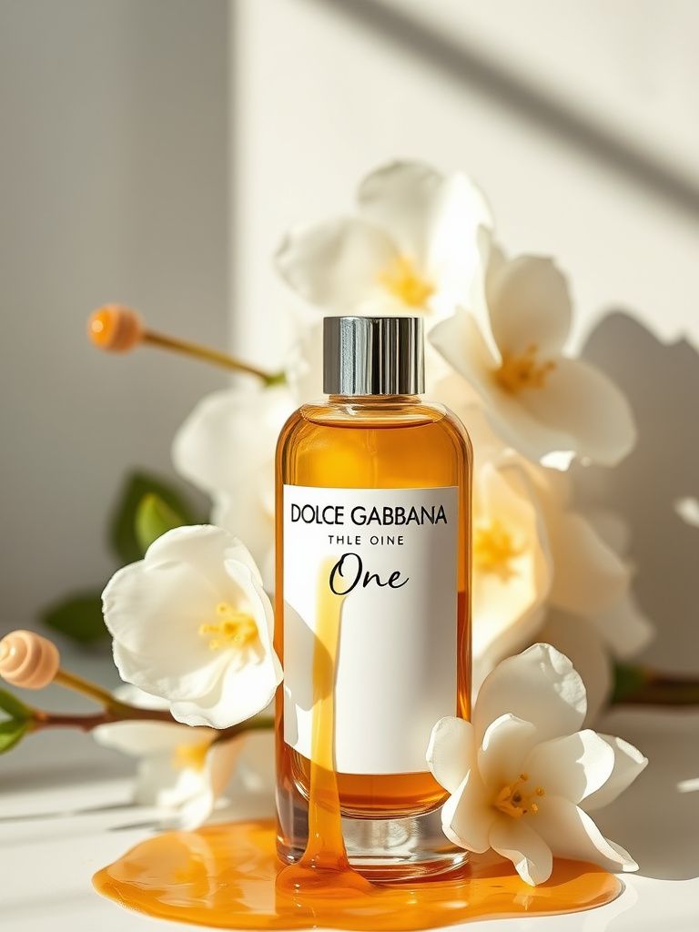 Dolce Gabbana The One bottle with white flowers and golden honey drizzle