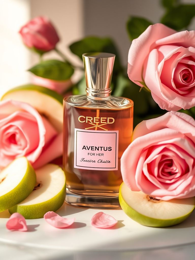 Creed Aventus for Her bottle with green apple slices and pink roses