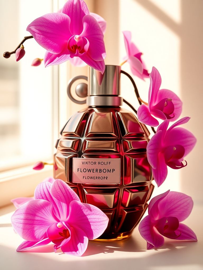 Viktor Rolf Flowerbomb grenade-shaped bottle with pink orchids and jasmine flowers