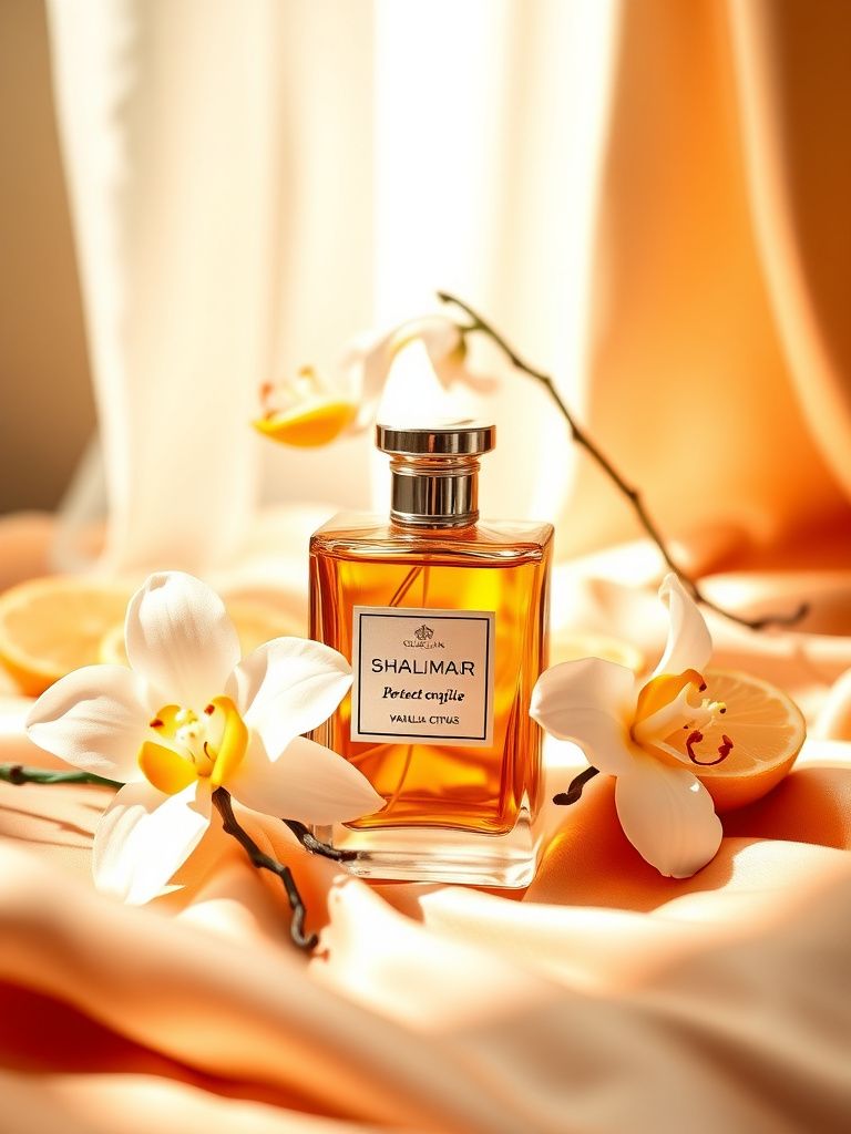 Guerlain Shalimar bottle with vanilla orchids and bergamot citrus on silk fabric