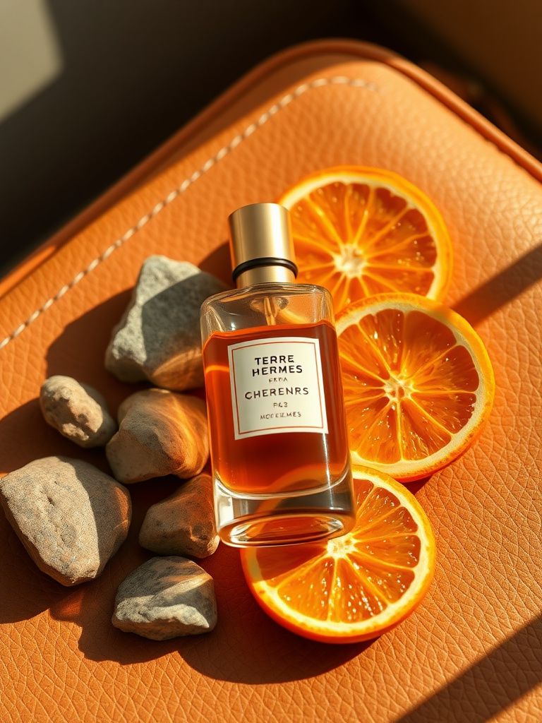 Hermes Terre d'Hermes bottle with orange peels and mineral stones on leather