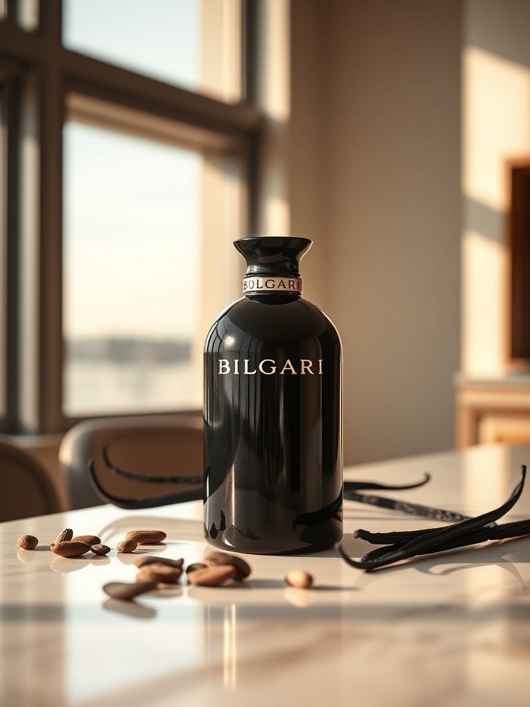Bulgari Black bottle with black rubber and vanilla beans on modern surface
