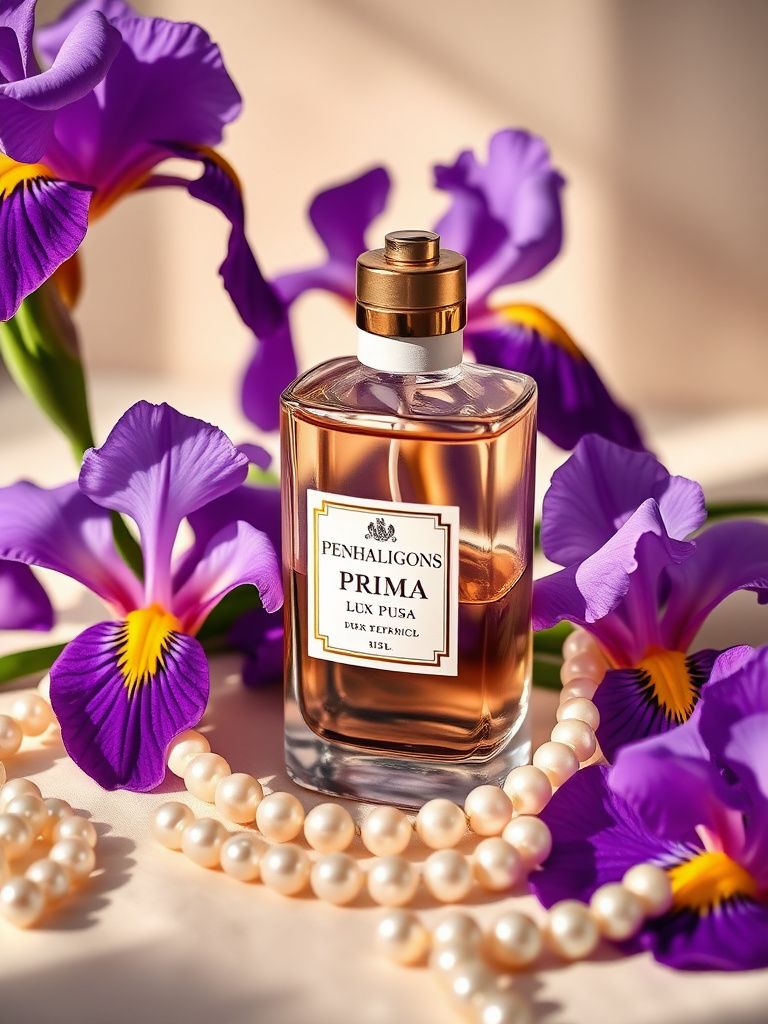 Penhaligons Iris Prima bottle with purple iris flowers and vintage pearls