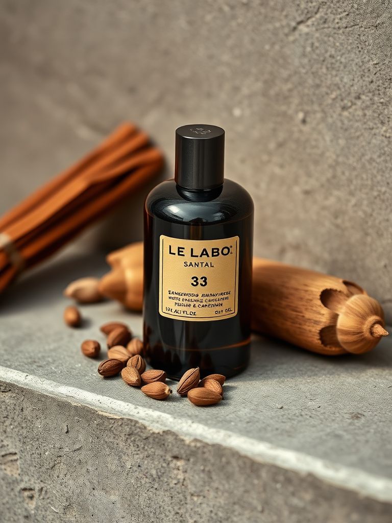 Le Labo Santal 33 bottle with sandalwood chips and cardamom pods on concrete
